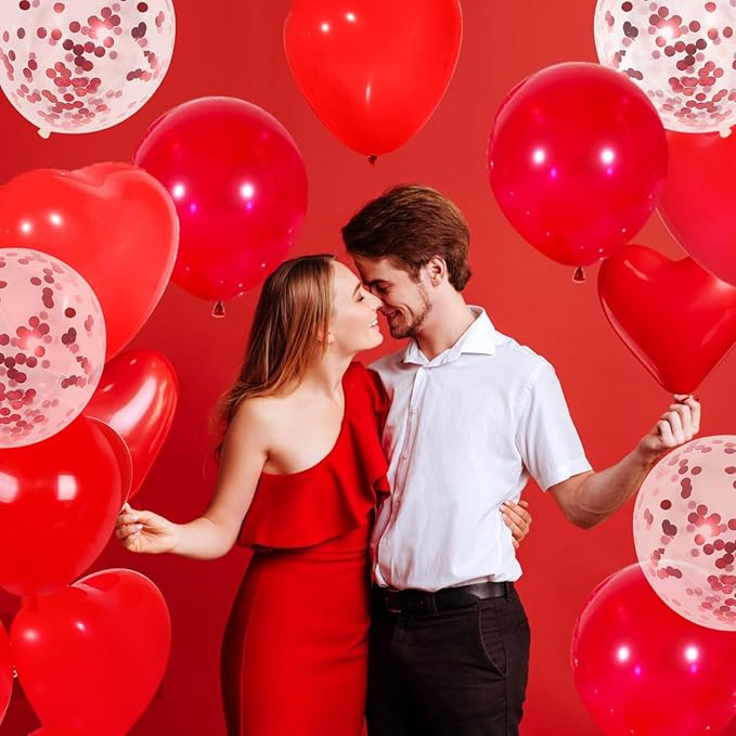 Red Balloons, 60 Pack Latex Heart and Confetti Balloons wiht Red Ribbon for Birthday Graduation Baby Shower Valentines Christmas Wedding Party Decorations