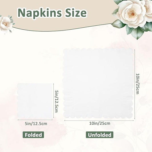 100 Pcs White Napkins Scalloped Edged Dessert Cocktail Napkins Folded 5 x 5 Inches Disposable Napkins for Dinner Wedding Birthday Party
