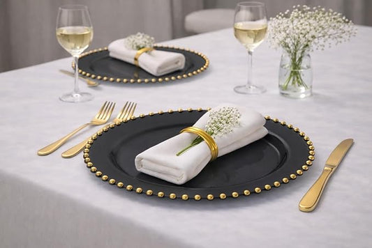 PLASTICPRO Black with Gold Rim Plastic Charger Plates with Beaded Edge – Pack of 4 – 13" Elegant Round Disposable Chargers for Weddings, Events, Parties, and Dinners