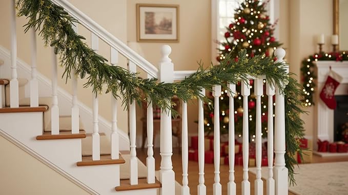 9ft Handmade Christmas Garland,Artificial Cypress Cedar Pine Needles Greenery Seasonal Garland for Christmas Fireplace Winter Holiday Indoor Outdoor Decoration