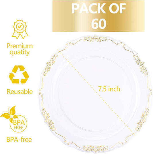 DaYammi 60PCS Clear Plastic Plates Heavy Duty Clear Disposable Plates 7.5” Fancy Gold Dessert Platos Small Cake Plates Appetizer Platos Hard Round Plastic Disposable for Wedding and Party