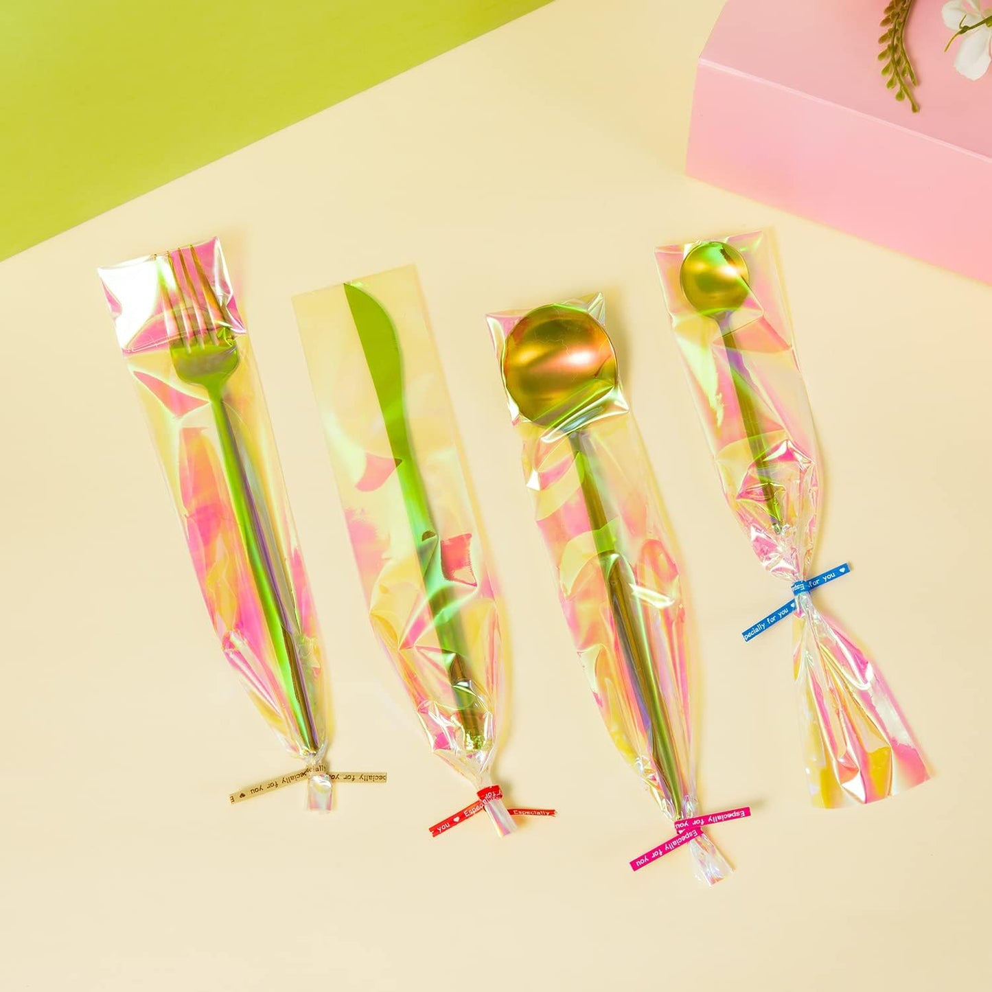 Cellophane Treat Bags, 2x10 Inch Iridescent Holographic Pretzel Bags With Twist Ties, Chocolate, Cookies (Pack of 100)