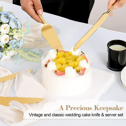Cake Knife and Server Set for Wedding, Gold Cake Cutting Set, Elegant Cake Knives Cutter Set, Pie Pastry Servers, Birthday Bridal Quinceañera Gift (F-Flower)