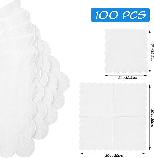 100 White Scalloped Cocktail Napkins, 3 Ply 5 x 5 Inch Beverage Napkins Paper Napkins Disposable Luncheon Napkins for Wedding Birthday Party Bridal Anniversary Baby Shower