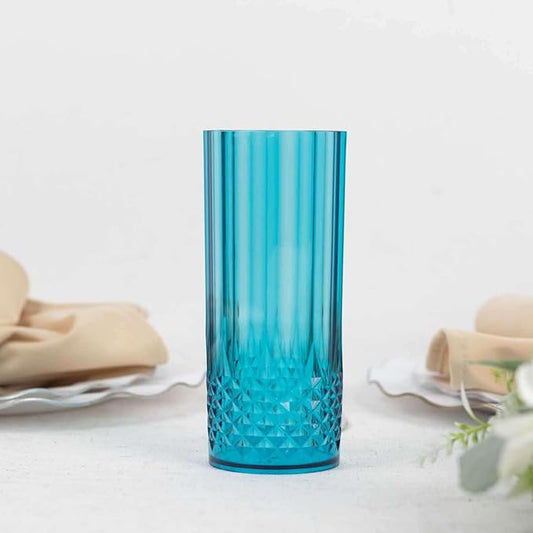 Efavormart 6 Pack Ocean Blue Crystal Cut Reusable Plastic Highball Drink Glasses, Shatterproof Tall Cocktail Tumbler Cups - 14oz