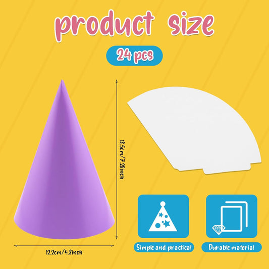 24 PCS Party Cone Hats DIY Birthday Paper Cone Hats for Kids and Adults Birthday, Baby Shower, Bridal Shower