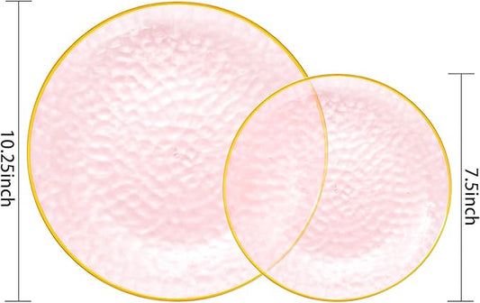 Rubtlamp 60Pcs Pink Plastic Plates,Clear Pink Plates With Gold Rim,Hammered Gold Plates Include 30Pink Plastic Dessert Platos, 30Gold Dinner Platos For Party