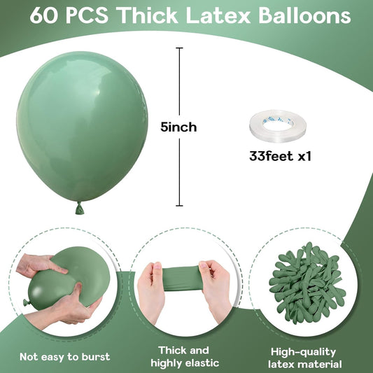 Sage Green Balloons 5 Inch, 60 Pcs Small Eucalyptus Olive Vintage Green Balloon 5'', Mini Matte Dusty Dark Avocado Green Latex Balloons for Birthday Boho Baby Shower Wedding Party Decorations