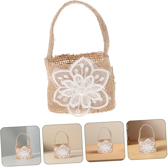 BESPORTBLE Mini Burlap Flower Girl Basket with 6pcs Linen Candy Bags Rustic Wedding Floral Party Favor Basket for Ceremony and Event Decoration