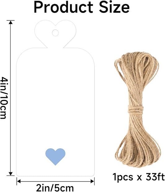 joycraft 100Pcs Gift Tags with String, 4x2 in White Gift Wrapping Tags with Blue Heart, Blank Party Favor Labels for Birthday, Baby Shower, Wedding, Bridal Shower