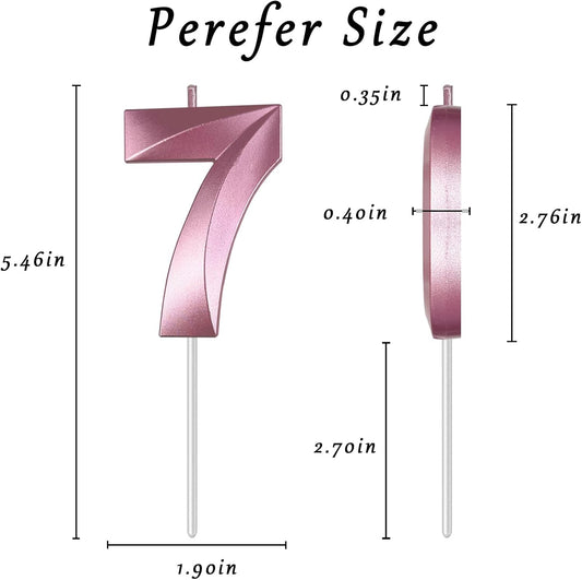 Pink Number 7 Candles, 3D Diamond 2.76 Inch Cake Topper Birthday Candles for Wedding Anniversary Cake Decorations, Happy Birthday Party Decorations