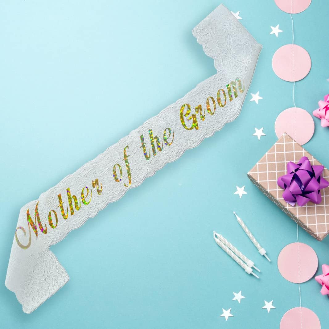 HAPRTY Mother of The Groom Sash, White Lace Bachelorette Party Sash for Bridal Shower Engagement Party Supplies and Accessories for Groom's Mother