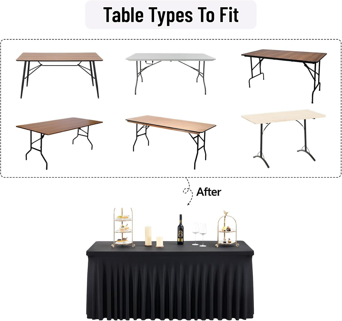 Outpain Black Spandex Table Clothes for 5 Foot Rectangle Tables-4Pack 5FT Spandex Fitted Table Cover, Wrinkle Free Tablecloths with Skirt for Parties, Wedding, Birthday, Banquet, Festival