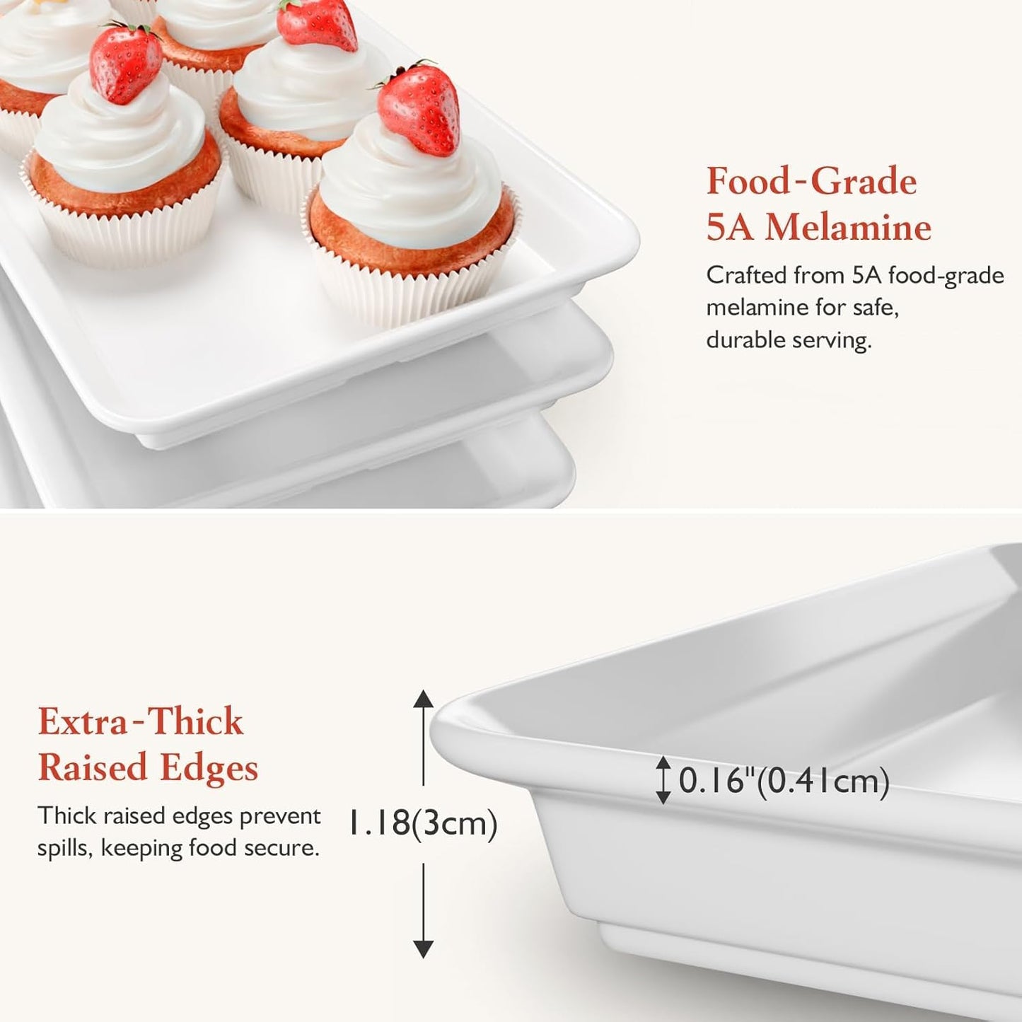 3-Tier Melamine Serving Tray Set, 14"x7" Platters for Serving Food, White Reusable Trays with Golden Metal Display Stand for Cupcakes, Sevring Food, Dessert, Fruit, Cookie, 24K Gold-Plated