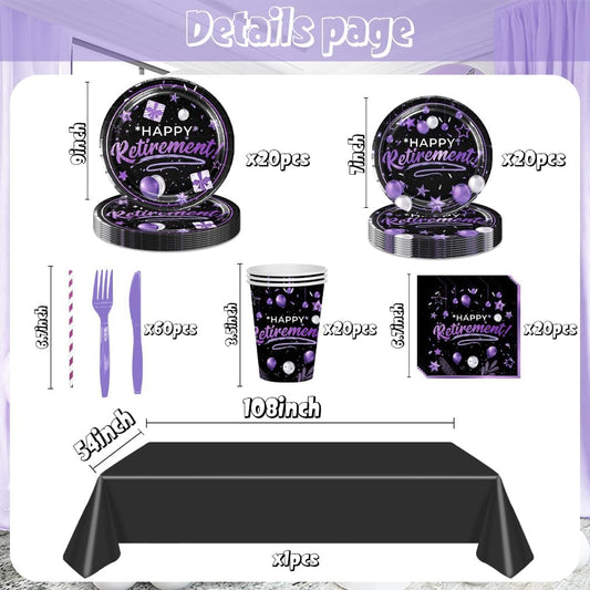 141pcs Retirement Party Decorations,Black and Purple Party Disposable Tableware,Includes Dinner Plate Dessert Plate Paper Napkin Cup Knife Fork Straws Tablecloth Black Purple Retirement Supplies set