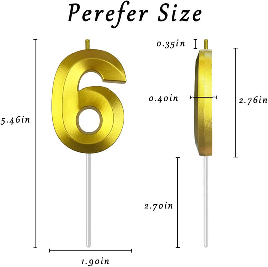 Gold Number 6 Candles, 3D Diamond 2.76 Inch Cake Topper Birthday Candles for Wedding Anniversary Cake Decorations, Happy Birthday Party Decorations