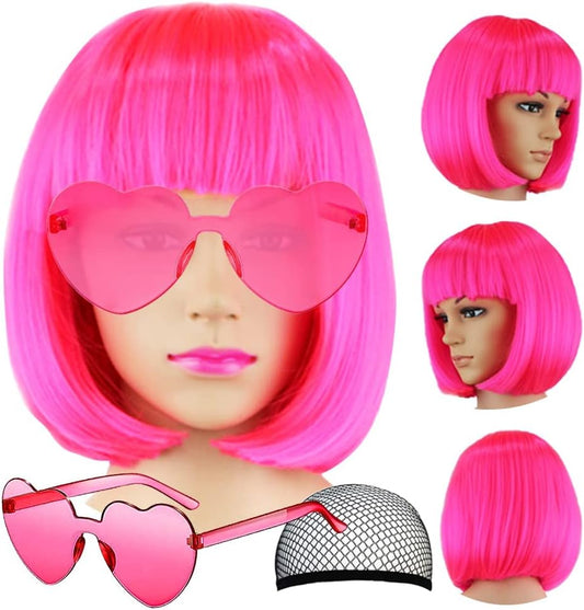 Short Bob Colors Wigs with Bangs, 6Pcs Cosplay Wig with Heart Sunglasses for Halloween Bachelor Party Decorations