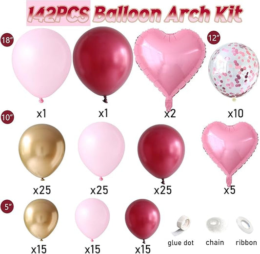 142 Pcs Valentine's Day Balloon Garland Arch Kit with Love Foil Balloons,Burgundy Maroon Gold Pearl Pink Confetti Balloons for Birthday Mother's Day Anniversary Bridal Wine Party Wedding Decorations