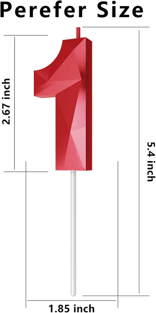 Number Birthday Candles(1 Candle Red) 3D Diamond Shape Number Happy Birthday Cake Candles for Birthday Party Wedding Decoration Reunions Theme Party