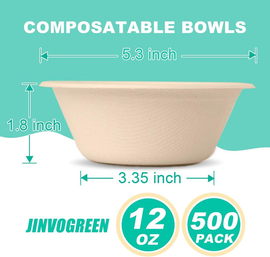 500 Count 12 oz Paper Bowls, Disposable Compostable Bowls Bulk, Heavy Duty Biodegradable Bagasse Bowl for Snacks, Soup, and Salads, Natural