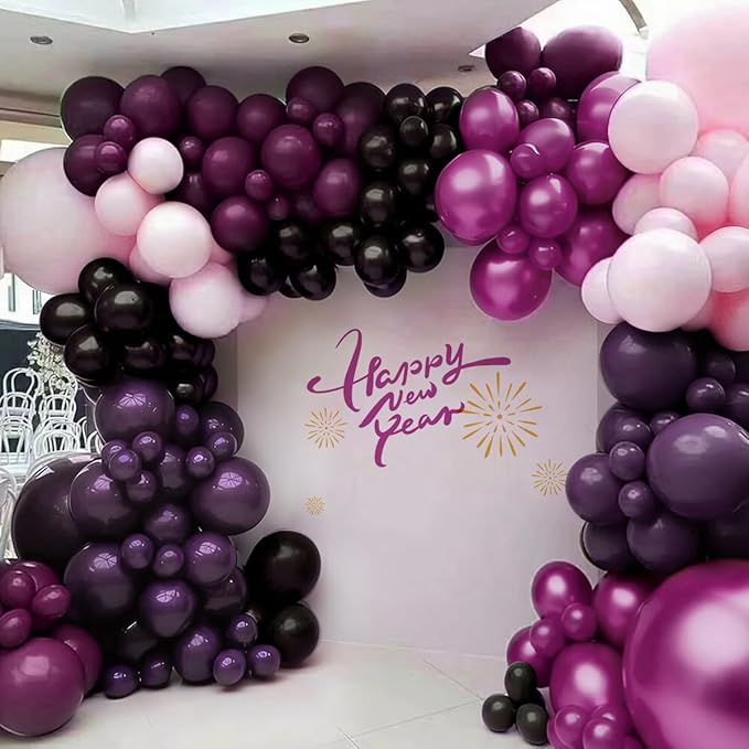 Dark Purple Black Pink Balloon Garland Arch Kit, 167Pcs Latex Balloons Wisteria Lavender Pastel Pink Pearlescent Plum for Birthday Bridal Shower New Years Party Decorations