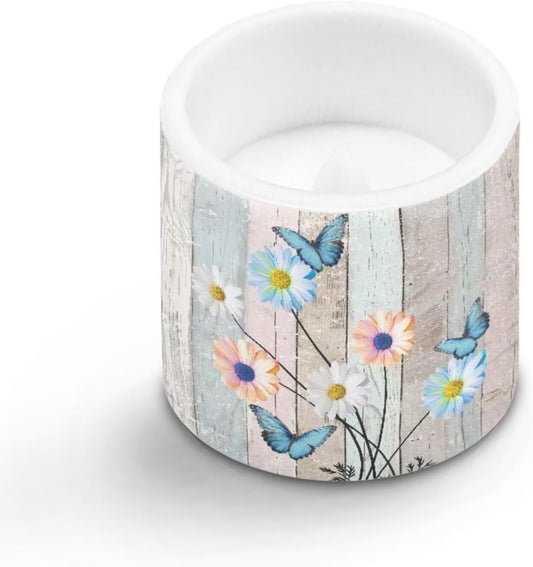 Poceacles LED Flameless Candles Set of 4 Multi-Color Battery Operated Fake Flickering Candles with Remote and Timer, for Holiday Festival Wedding Decorations, Daisy Flower Butterfly Wood Grain