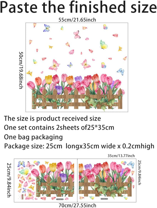 2 Pieces Tulips Wall Decals Vinyl Flowers Wall Stickers Removable Floral Art Murals Peel and Stick Colorful Tulips Fence Butterfly Decor for Girls Bedroom Living Room Nursery