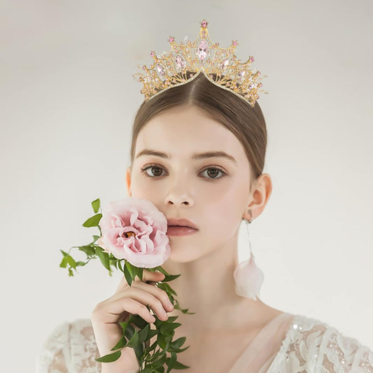 Yolmina Pink Baroque Vintage Crown, Crystal & Pearl Tiara for Women & Girls, Wedding & Party Accessory