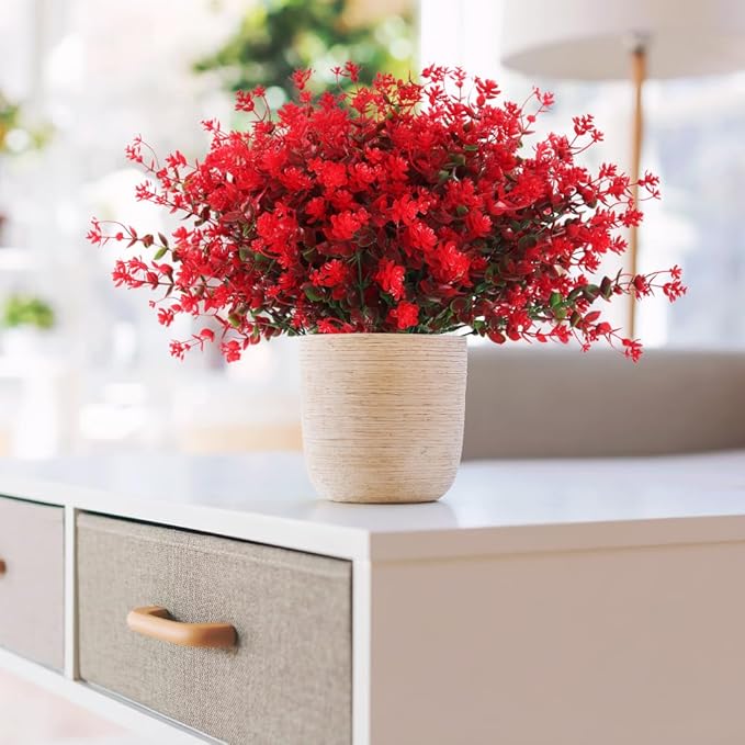 RECUTMS Fake Greenery Boxwood Plant Outdoor Artificial Flowers UV Resistant Fake Boxwood Plastic Plants Greenery Shrubs for Summer Indoor Outdoor Garden Patio Window Box Kitchen Home Decor(Red)