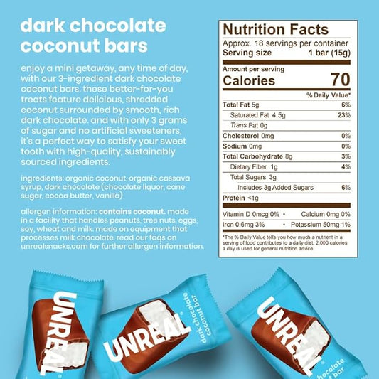 UNREAL Dark Chocolate Coconut Bars (3 Value Size Bags) | Vegan, 3g Sugar, & 3 Simple Ingredients | Non-GMO, Gluten Free, & Fair Trade | 9.5oz each