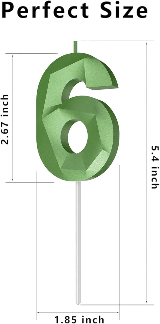 Number Birthday Candles(6 Candle Green) 3D Diamond Shape Number Happy Birthday Cake Candles for Birthday Party Wedding Decoration Reunions Theme Party