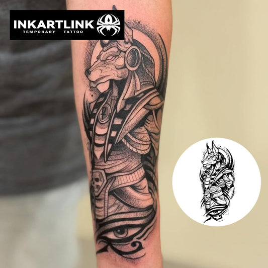 INKARTLINK Tattoo Tech, 2 Sheets Large Semi Permanent Tattoo, Adult Art Design Temporary Tattoos, Lasts 1-2 Weeks, Waterproof, Realistic Look, No Adhesive, No Reflection (Anubis Design)