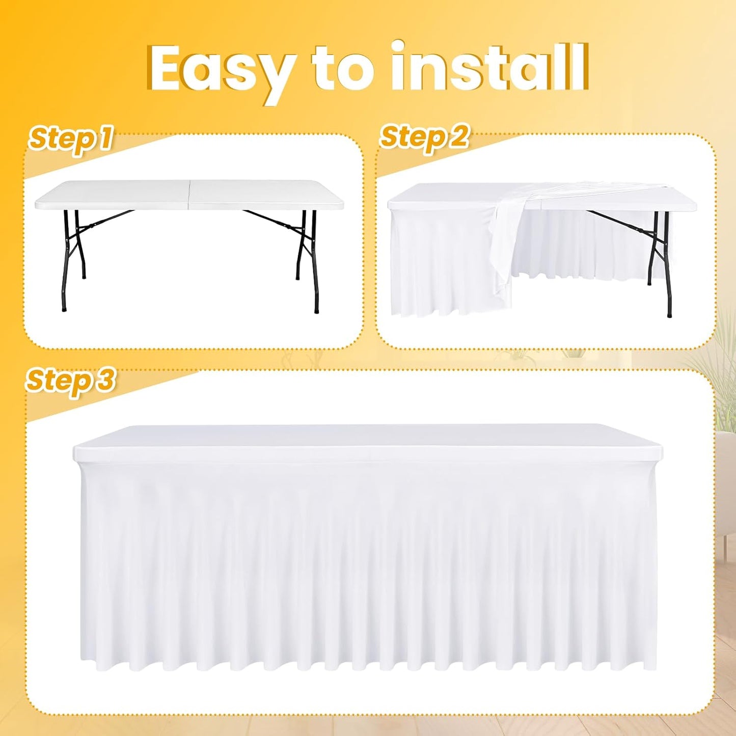 6 Pack 6Ft Spandex Table Skirts Fitted White Stretch Tablecloth, One-Piece Wrinkle-Resistant Ruffles Design Table Cover and Skirt for Wedding Party Banquet Event Trade Show