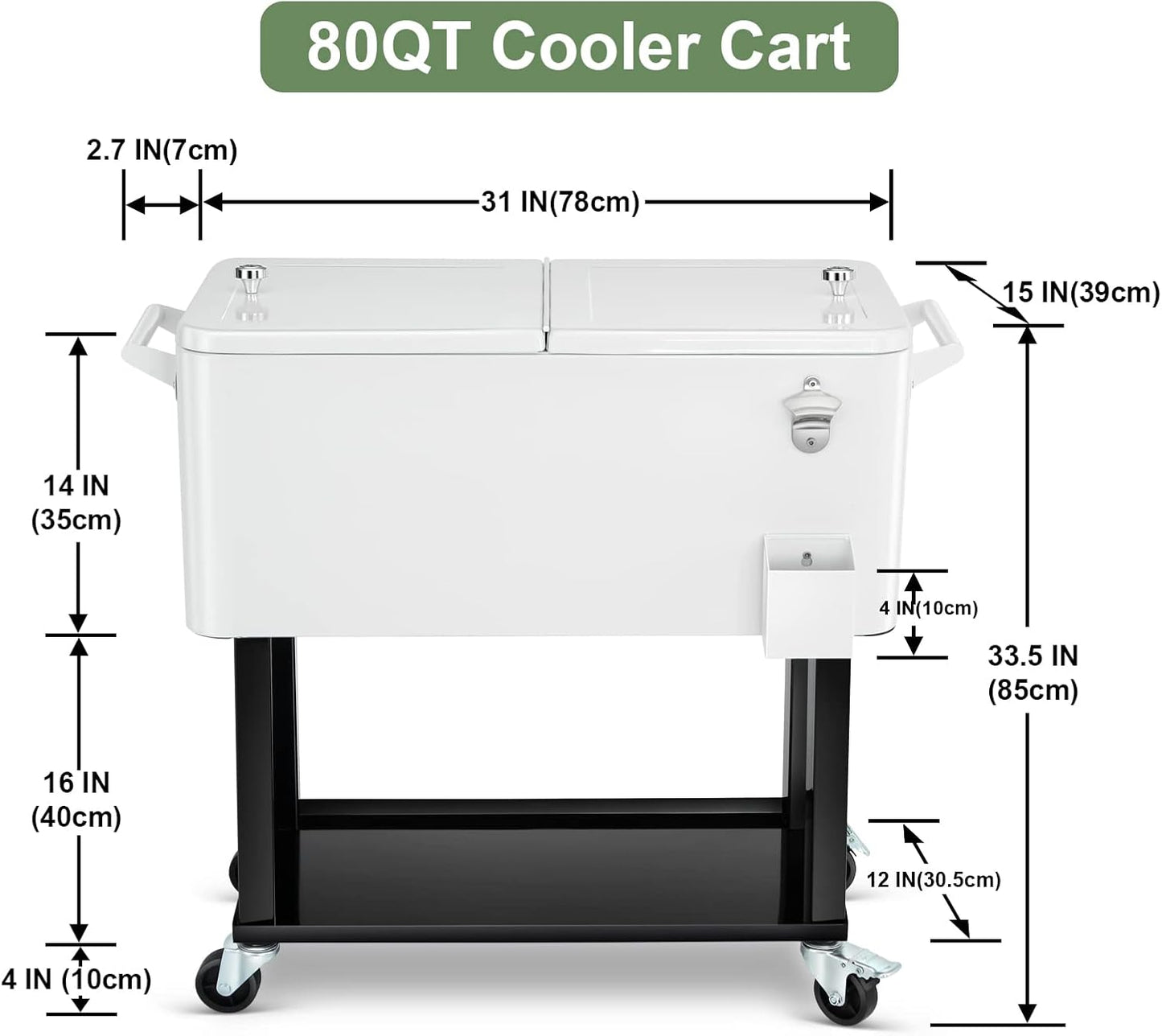 EDOSTORY 80 Quart Rolling Ice Chest Cooler Cart,Patio Backyard Party Drink Beverage Bar Stand Up Cooler Trolley with Ice Scoop
