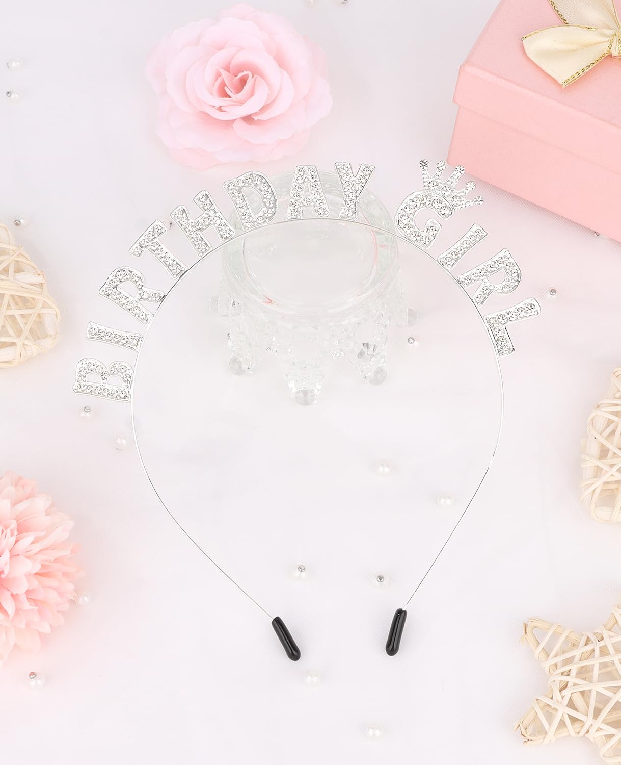 Wecoe Silver Birthday Girl Headband - Sparkling Rhinestone Tiara Crown Hair Accessories for Women Girls - Happy Birthday Party Decorations, Princess Birthday Gift Idea