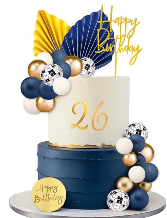42Pcs Gold Blue White Balls Cake Topper Decorations with Disco Balls Palm Leaves Acrylic Numbers 0-9 and Happy Birthday Cake Toppers for Boho Wedding Baby Shower Birthday Party Supplies