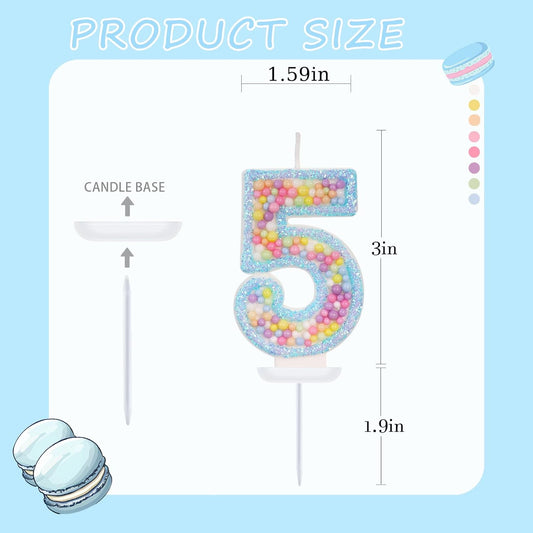 Birthday Candles - Number 5 Candle, Colorful Macaron Candles for Boys/Girls, Blue Cake Decorations, Blue Birthday Decorations