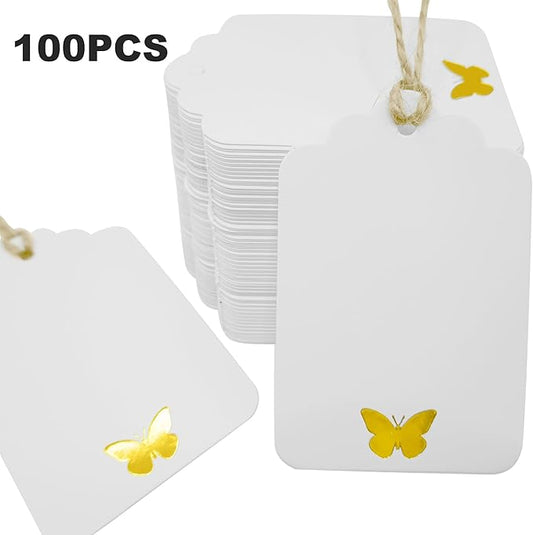 ASYEHJNR 100Pcs Blank Gift Tags with String, Foil Gold Butterfly Large Gift Tags with 65 Ft Jute Twine White Paper Cute Tags for Birthday Baby Shower Wedding Party Gift Wrap Tags