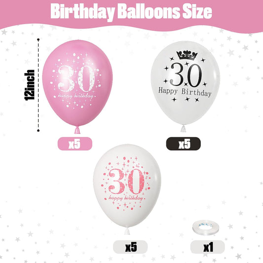 Pink 30th Birthday Decorations for Women, Pack of 15 Happy 30th Birthday Balloons Pink White Transparent Latex Balloons Decor for Age 30 Year Old Lady Birthday Celebration Party Decorations Supplies