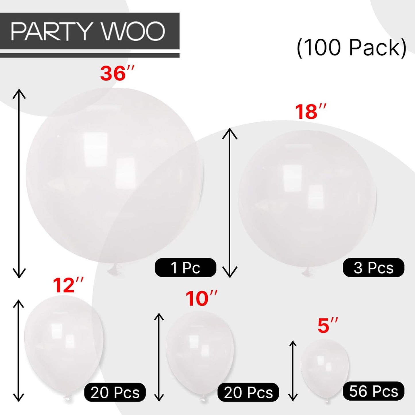 PartyWoo Clear Balloons, 100 pcs Transparent Different Sizes Pack of 36 Inch 18 Inch 12 Inch 10 Inch 5 Inch for Balloon Garland or Balloon Arch as Party Decorations, Clear-Y2