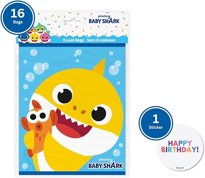 Unique Baby Shark Goodie Bags Pack - Baby Shark Birthday Decorations - Bundle with 16 Plastic Party Favor Bags, Sticker - 16 Guests - Birthday Party Supplies