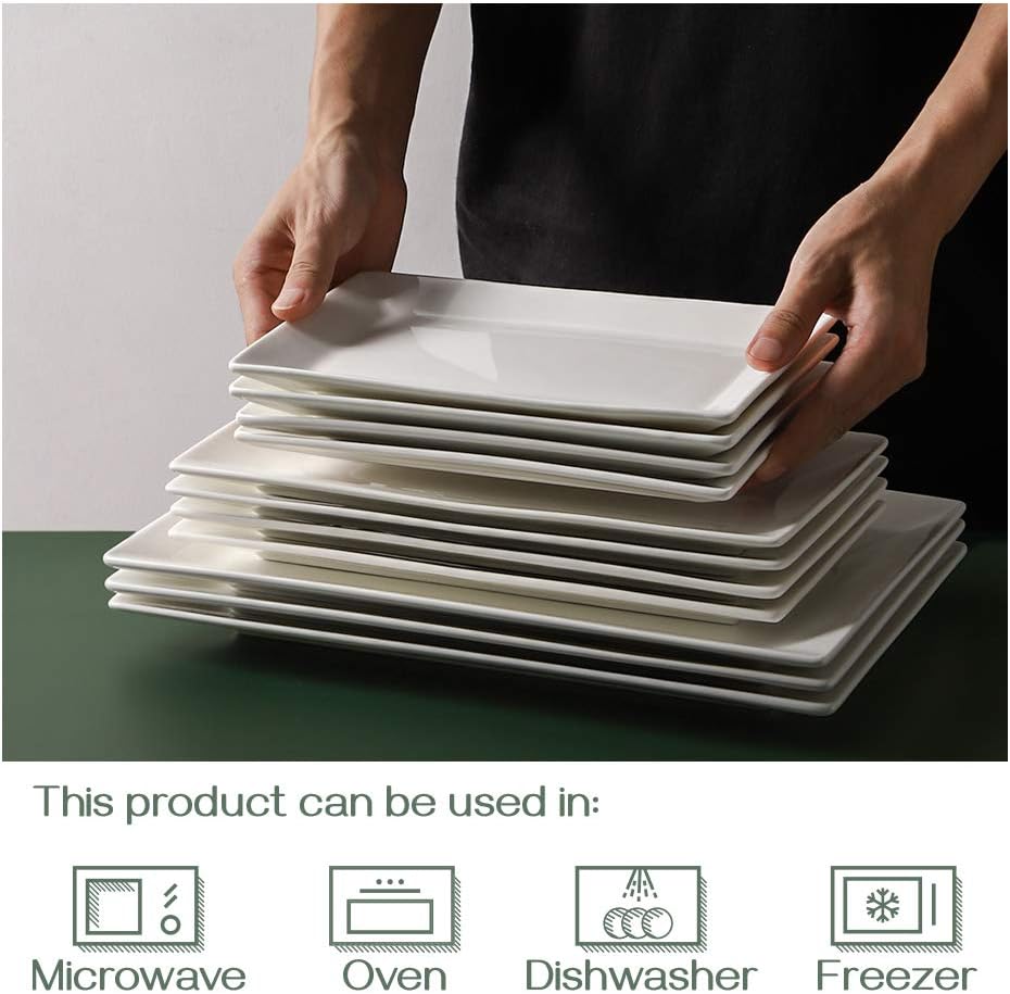 DOWAN 12" Rectangle Plates Set of 4 - White Serving Platters for Party, Wedding, and Entertaining - Rectangular Serving Trays Dishes for Steak, Taco, Sushi, Appetizer, Cake - Dishwasher & Oven Safe
