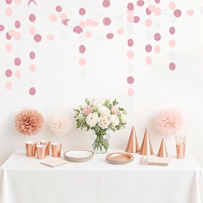 Rose-Gold Pink White Party Decorations - 52Ft Paper Garland Circle Dots Streamers Banner Girl Women Birthday Bridal Shower Wedding Bachelorette Engagement Graduation Hanging Decor Hongtongtong