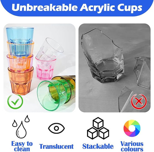 Plastic Drinking Glasses Set of 8, Unbreakable Coloured Water Tumbler, Acrylic Plastic Cups, Reusable Kids Drinking Cups for Children Kitchen Picnic Party Juice Whiskey Wine (8pc-8color-160ml/5.4oz)