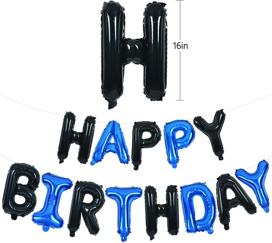 TONIFUL Happy Birthday Balloons Banner with Ribbon Straw, 16 Inch Mylar Letters Birthday Sign Banner Balloon Bunting Reusable for Girls Boys Kids & Adults Birthday Halloween Supplies(Black Blue)