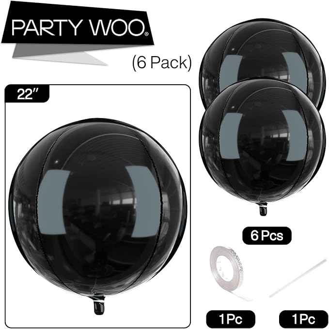 PartyWoo Black Foil Balloons 6pcs 22 Inch Large Round Foil Big Giant 4D Jumbo Inflatable Mirror Ball Mylar Balloons for Halloween Graduation Birthday Retirement Anniversary Party Decorations