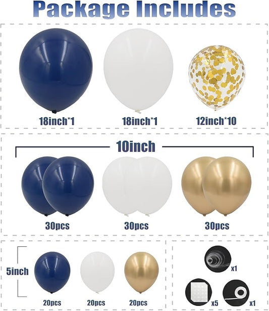 Navy Blue and Gold Balloons Arch Kit, 162pcs Different Sizes with Navy Blue White Chrome Gold Confetti Balloons for Graduation 2025 Anniversary Baby Shower Birthday Party Decorations