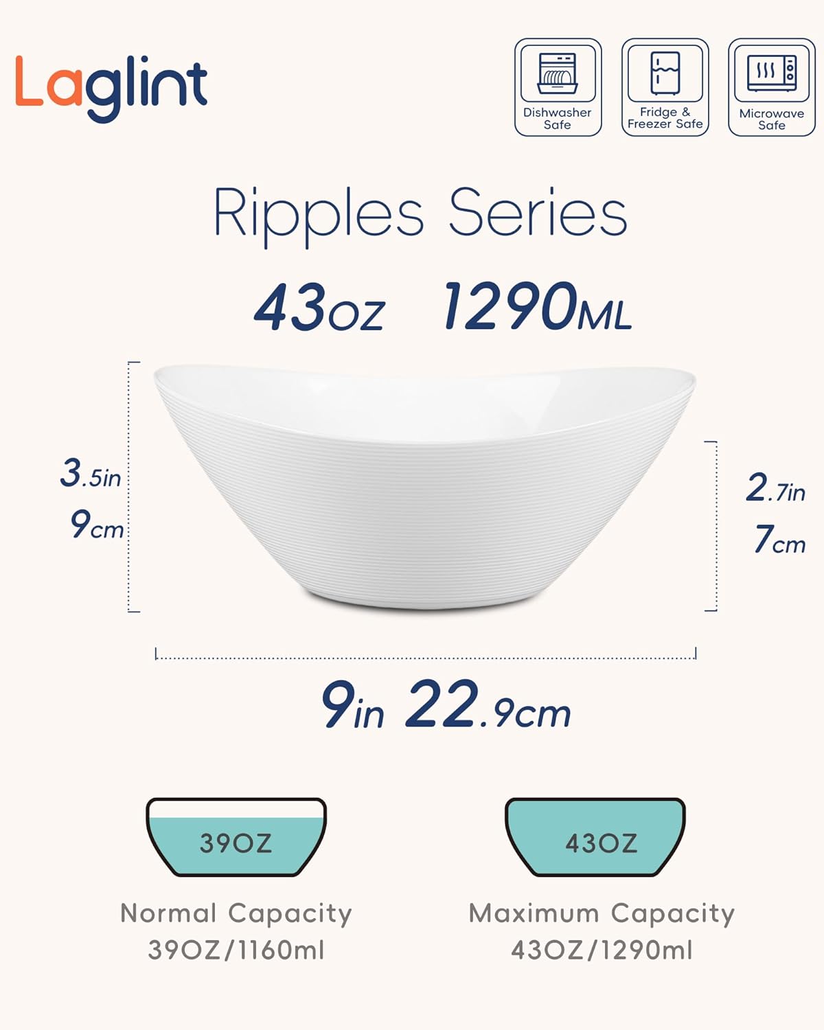 43 OZ Serving Bowl Set of 4, Opal Glass 9 inch Oval Serving Dishes for Salad, Side Dishes, Fruit Kitchen, Microwave & Dishwasher Safe, White