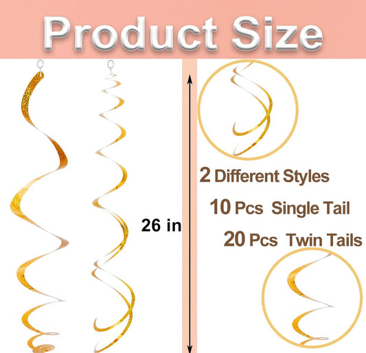 30 pcs Gold Hanging Swirl Decorations Swirls Party Decorations Plastic Party Streamer for Ceiling, 26"