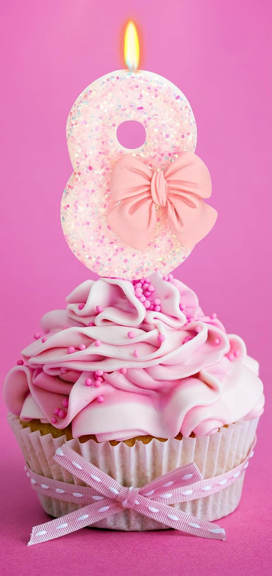 Birthday Candle for Cake, 8 Candle - Pink Glitter with Bowknot, 2.76 inch Happy Birthday Candle, Cake Topper Decoration for 8 Years Old Birthday Party (Number 8)